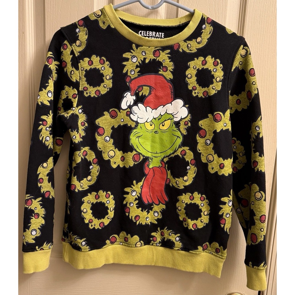 Dr. Seuss Grinch Sweatshirt Santa Hat‎ Wreaths Black - Youth Size Large